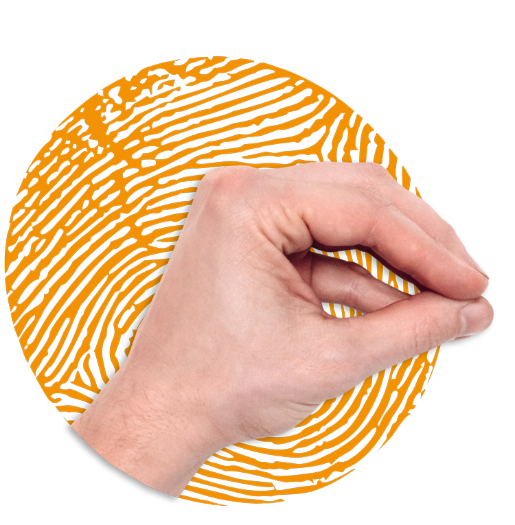 Eine seitlich gedrehte Hand, bei der der Daumen den Zeigefinger berührt und dadurch einen Mund darstellt.